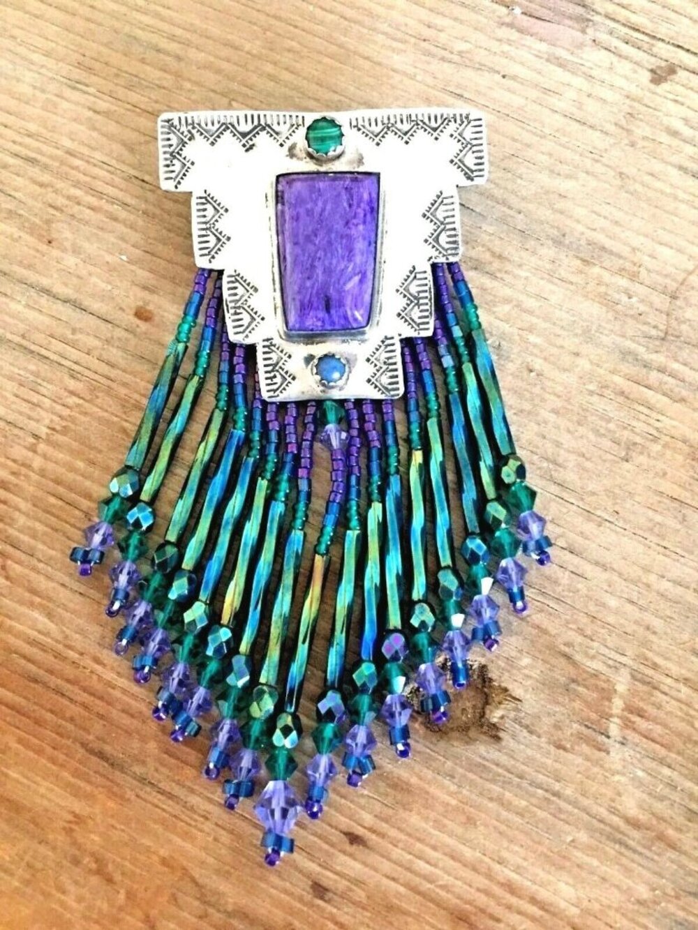Elizabeth Tapia Charoite Malachite SS Beaded Pin Brooch Pendant Purple Green
